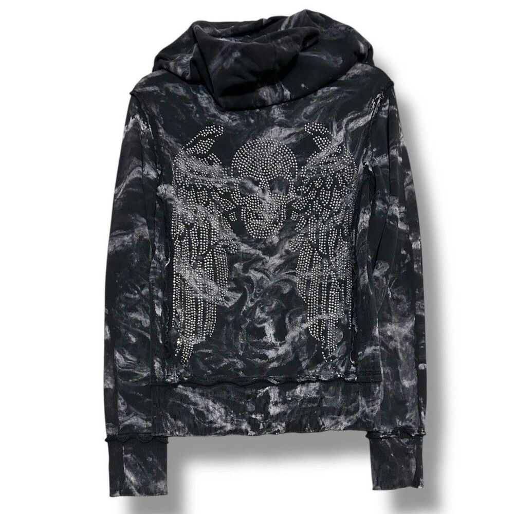 Sinful By Affliction S Grunge Black Jacket Hoodie Rhinestone Skull Wings Y2K - Picture 13 of 15